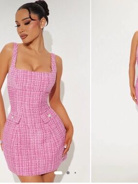 Fashion Nova Pink Tweed Square Neck Mini Dress